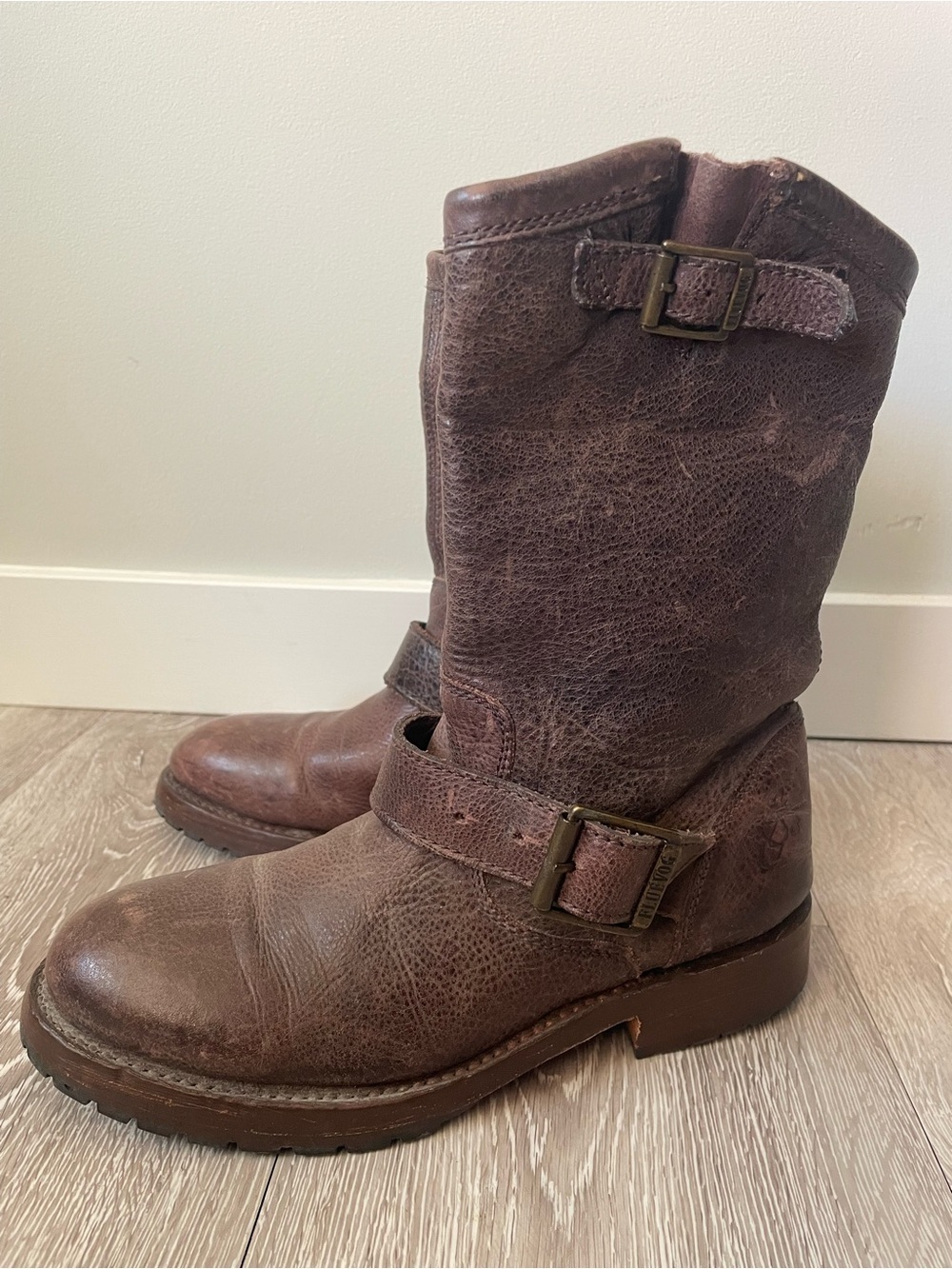 John Fluevog Engineer Biker Boots 100% Leather Brown Buckle Vintage Size 6